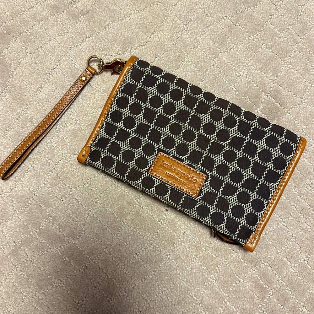 Kate Spade brown fabric clutch, leather details